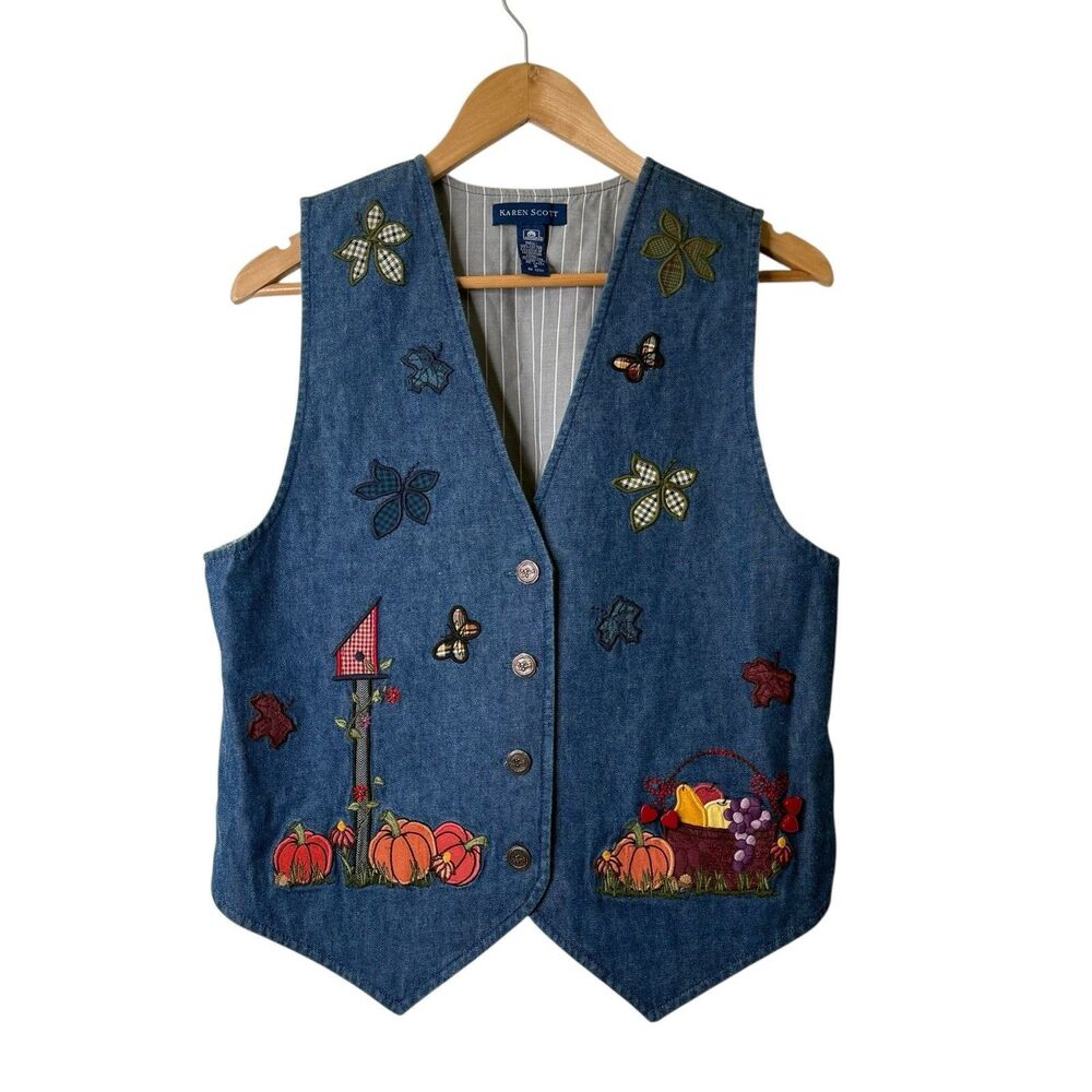 Vintage Y2K Karen Scott Denim Vest Pumpkin Embroidery Fall Autumn Womens S